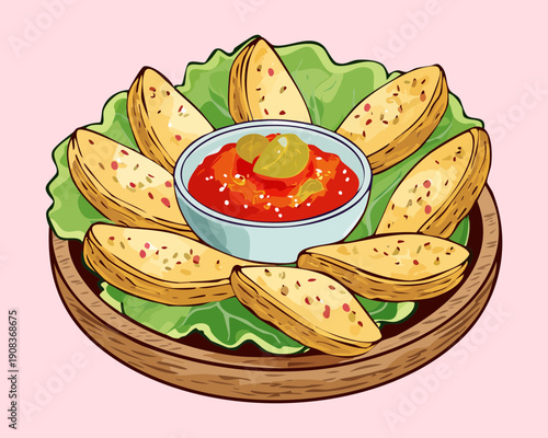 Plate of crispy potato wedges served with spicy red salsa dipping sauce and green lettuce - Vector Illustration