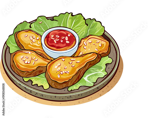 Plate of fried chicken wings served with spicy red sauce dip and fresh green lettuce - Vector Illustration