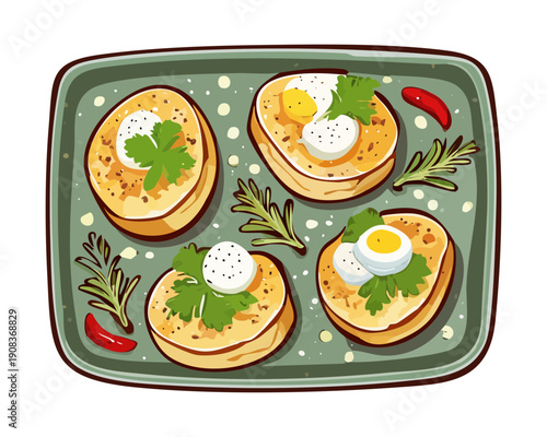 Plate of small appetizers featuring bread cheese and eggs for a diverse party snack platter - Vector Illustration