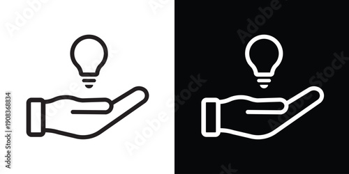Minimalist vector icon of a hand holding a floating light bulb. Represents creative ideas, innovation, bright solutions, and inspiration in a clean line art style for web and graphic design.