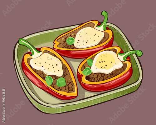 Stuffed red chili peppers with meat filling and melted cheese garnish for a spicy meal - Vector Illustration