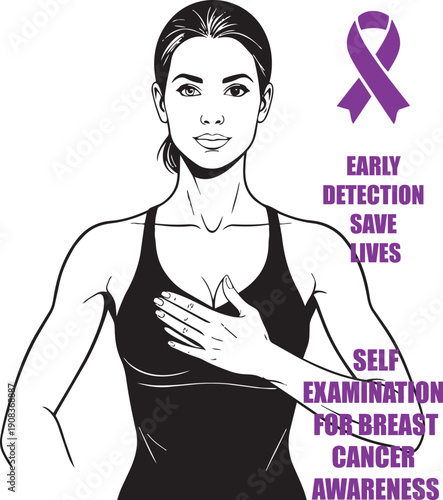 Woman checking her breast to prevent and support the cause of breast cancer. Breast self exam concept vector illustration