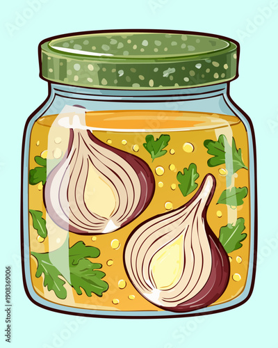Jar of pickled garlic bulbs in vinegar with herbs for long term food storage preservation - Vector Illustration