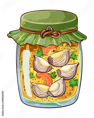 Pickled garlic and onions in a glass jar with herb garnish for savory food seasoning - Vector Illustration