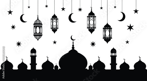 Detailed black vector silhouette of a mosque skyline with hanging lanterns, crescent moons, and stars for cultural celebrations