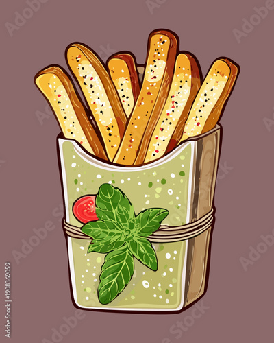 Box of crispy french fries sticks with fresh green mint leaf garnish for fast food - Vector Illustration