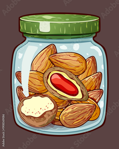 Large glass jar filled with whole almonds for healthy snacking and natural food storage solution - Vector Illustration