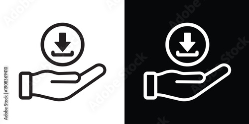 Hand holding a download arrow icon in a circle. Vector graphic representing digital saving, data transfer, and installation process. Simple line art.