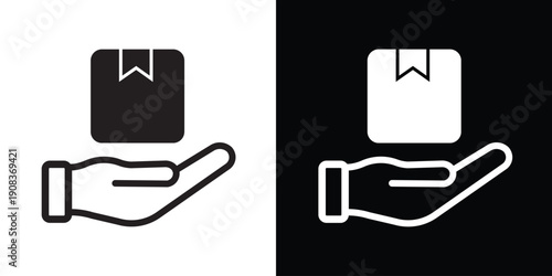 Hand holding a delivery box package icon. Vector illustration for shipping, logistics, e-commerce orders, and receiving parcel concept. Clean line design.