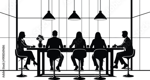 Corporate business team meeting silhouette sitting at a conference table for professional workplace collaboration and collective partnership designs