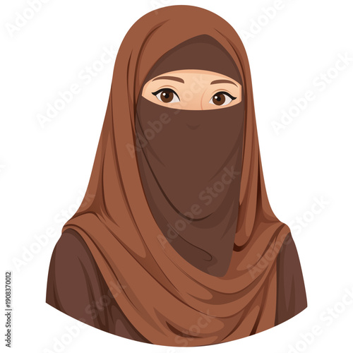 Illustration of a woman wearing a brown headscarf on white background. Muslim symbol ramadhan