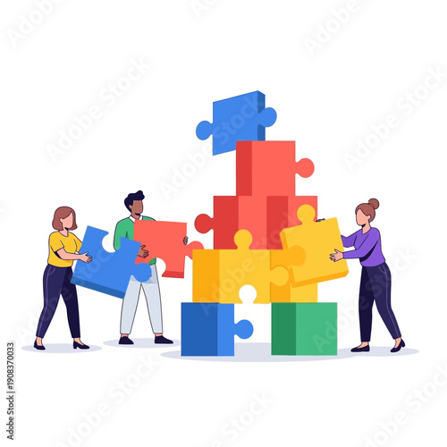 Teamwork assembling a colorful puzzle, collaboration and strategy concept