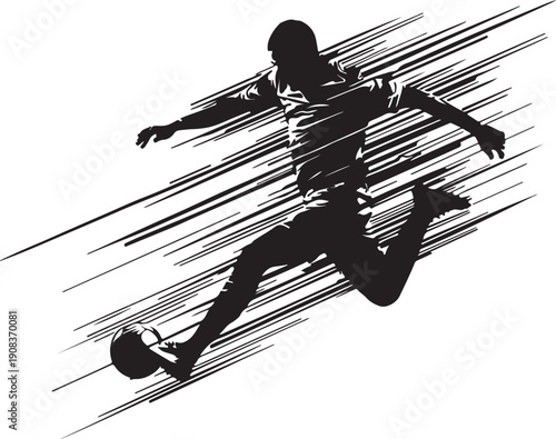 Dynamic action shot of a soccer player kicking a ball with motion lines