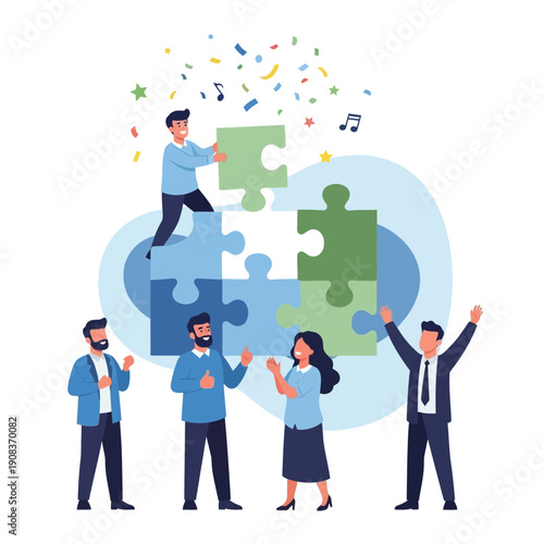 Teamwork building puzzle, success, collaboration, business people celebrating, confetti, strategy