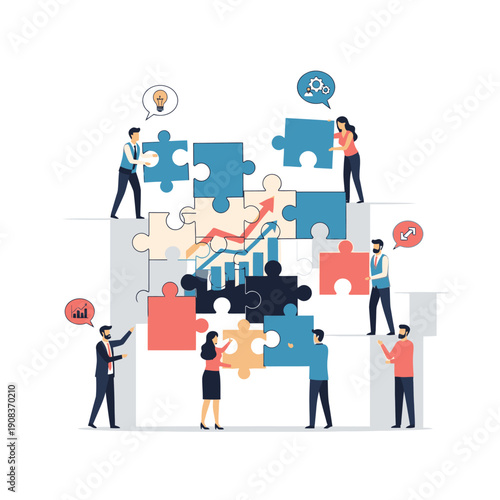 Teamwork assembling puzzle pieces, business strategy, growth chart, ideas, collaboration, success