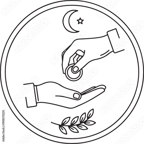 Two hands exchanging a ring under a crescent moon and star with a laurel leaf below.