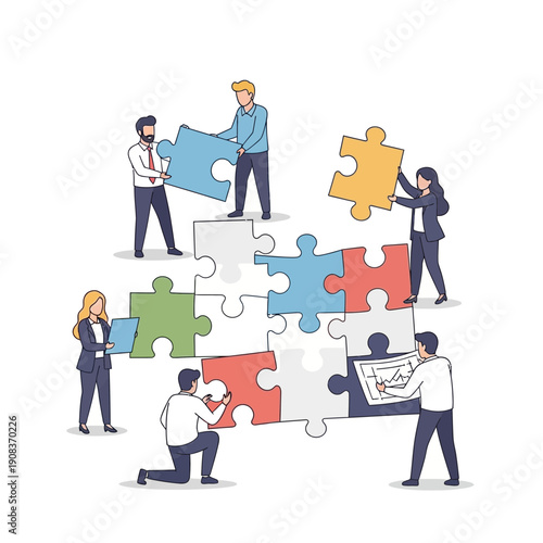 Teamwork puzzle solution, business people assembling jigsaw pieces, collaboration strategy success