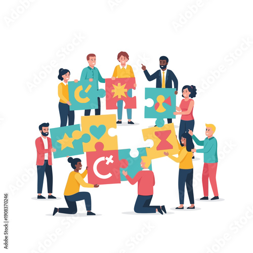Diverse team assembling a puzzle with symbols of unity, diversity, and inclusion