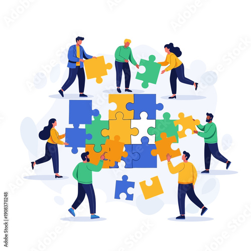 Teamwork and collaboration: people assembling a colorful jigsaw puzzle, symbolizing strategy and success
