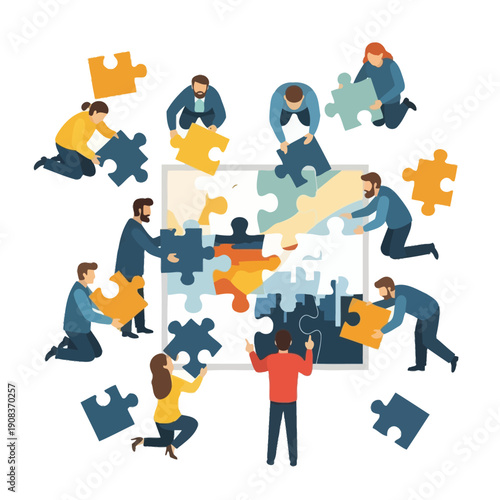 Teamwork assembling a large jigsaw puzzle, collaboration, strategy, business concept