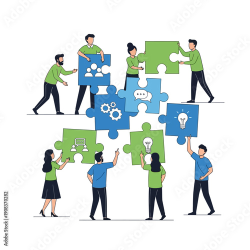Teamwork and collaboration: people assembling puzzle pieces with business icons