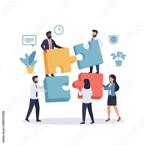 Teamwork assembling puzzle pieces, business people collaborating on project success