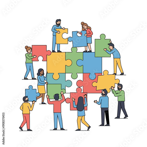 Diverse team assembling colorful puzzle pieces, teamwork and collaboration concept