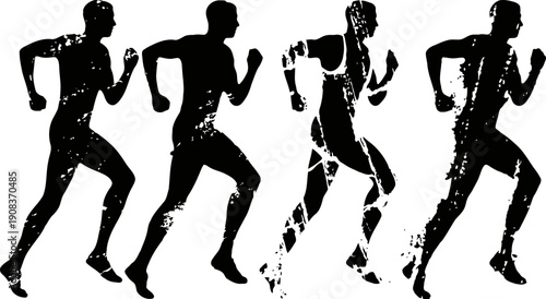 four male silhouettes running with grunge texture effect in dynamic motion pose