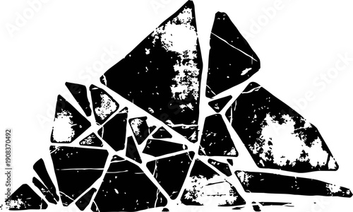 Black shattered glass fragments scattered, broken sharp shards isolated on white background