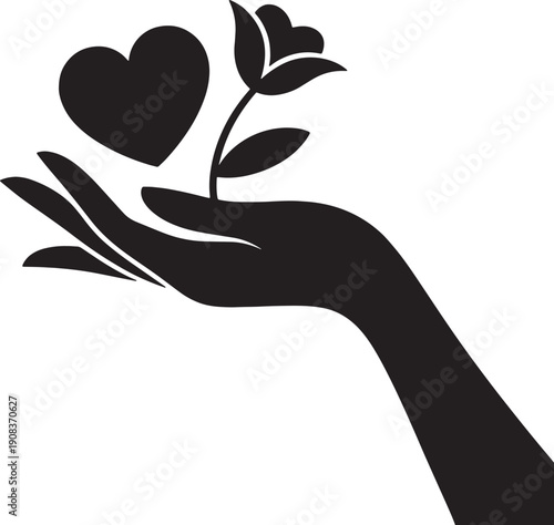 Silhouette of hand holding heart and growing plant sprout for environmental care.