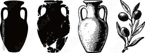 set of antique amphora vases and olive branch illustration vintage pottery containers and mediterranean plant
