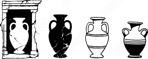 Ancient greek pottery silhouettes with varied amphora shapes and decorative bands