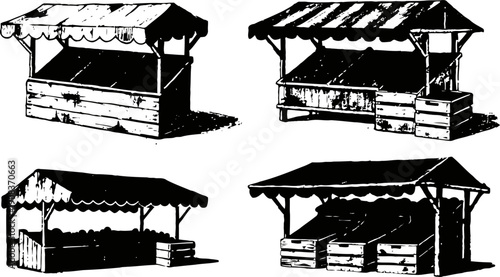 Hand drawn wooden market stalls with awnings and crates, traditional outdoor vendor booths illustration
