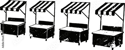 Four vintage street market stalls with striped awnings in black and white silhouette
