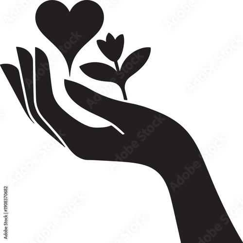 Silhouette of hand holding heart and growing plant sprout for environmental care.