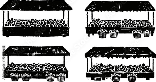 Four fruit market stalls with baskets and canopies in black hand drawn illustration