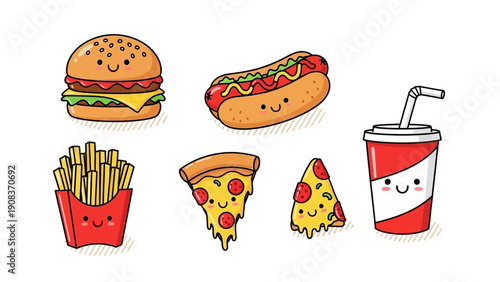 Assorted Fast Food Items with Smiling Faces.