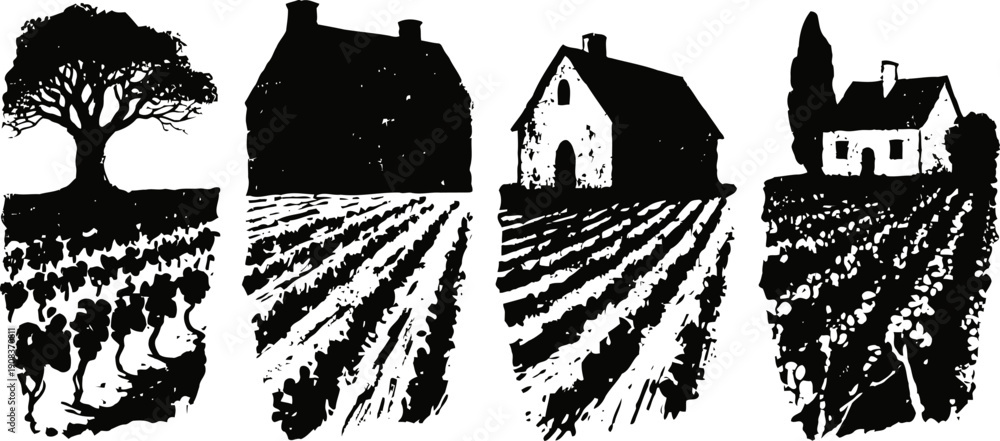 Naklejka premium silhouettes of farmland houses and vineyards with tree in black and white landscape design