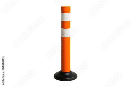 Isolated orange and white traffic bollard with black base on transparent background