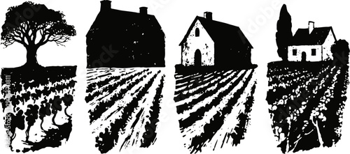 silhouettes of farmland houses and vineyards with tree in black and white landscape design