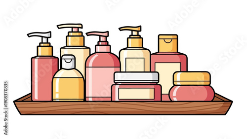Assorted Cosmetic Products on Wooden Tray.