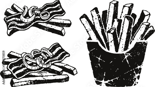 Classic french fries and bacon sandwich sketches with crispy onion rings and ketchup sauce