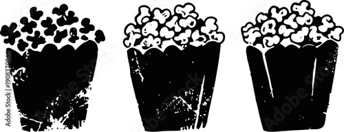 Three vintage popcorn bucket silhouettes with distressed texture, classic movie theater snack icons
