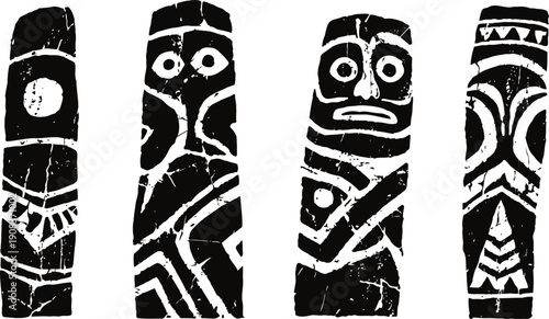 Black and white primitive tribal totem poles set ethnic art symbols collection with geometric patterns
