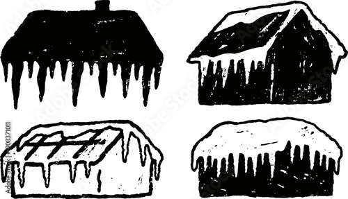 Winter icicles hanging from rooftops and ledges in different shapes and styles