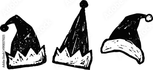 christmas hats set hand drawn santa and elf hats with textured grunge holiday festive headwear icons