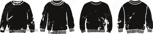 Vintage knitted sweater silhouettes set four different long sleeve pullover designs isolated on white