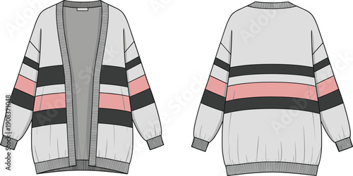 Women oversized knitted cardigan sweater flat technical fashion illustration front and back view with striped sleeves design vector