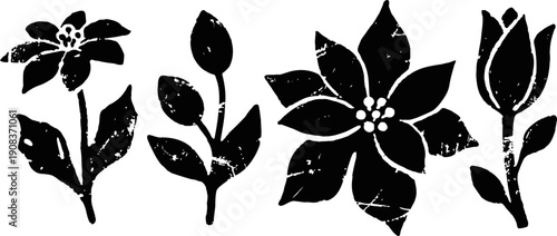 Black floral silhouettes collection four flower and leaf shapes with buds and petals in flat design