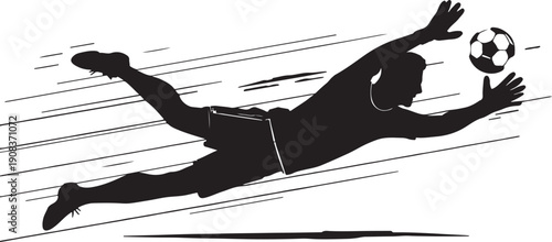 A silhouette of a soccer player diving to save a ball from a penalty kick